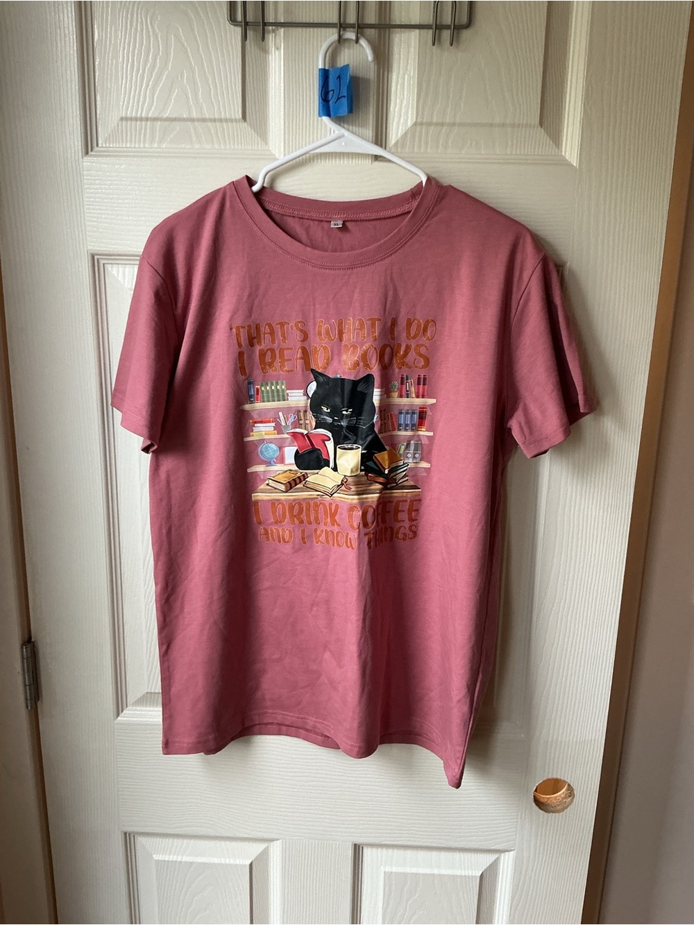Pink Cat & Books Graphic Cat T-Shirt - Reading and Coffee Theme